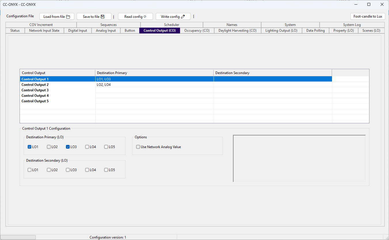 BACnet Browser CC-ONYX Control Output tab