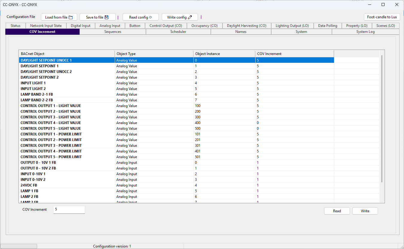 BACnet Browser CC-ONYX COV Increment tab