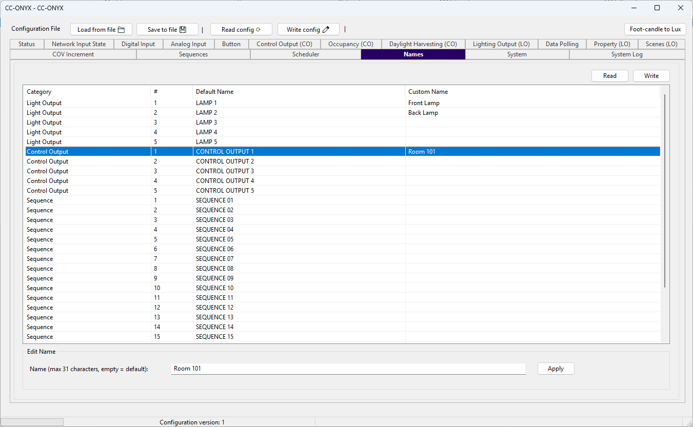 BACnet Browser CC-ONYX Names tab