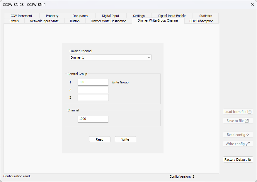 BACnet Browser Dimmer Write Group Channel window