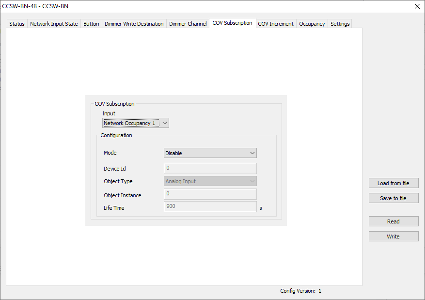 BACnet Browser COV Subscription window