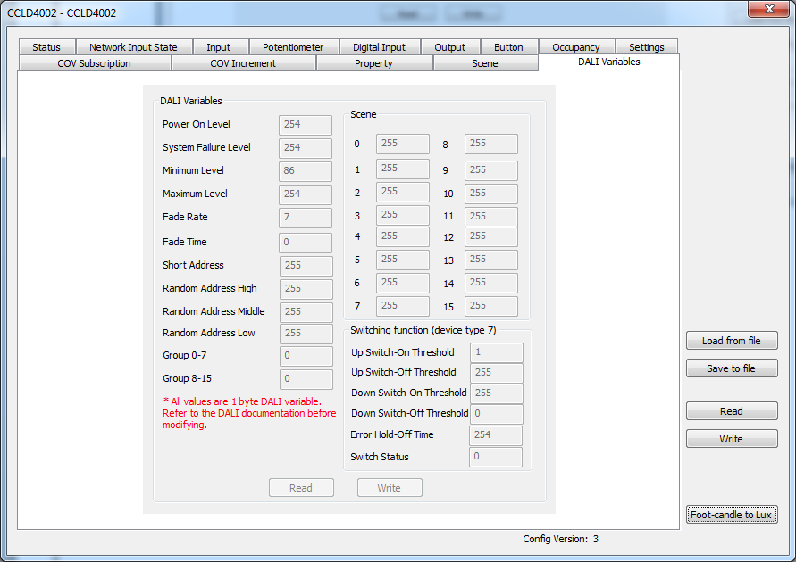 DALI Variables window