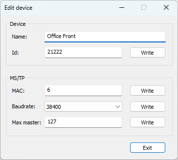 Fenêtre Modify Device de BACnet Browser