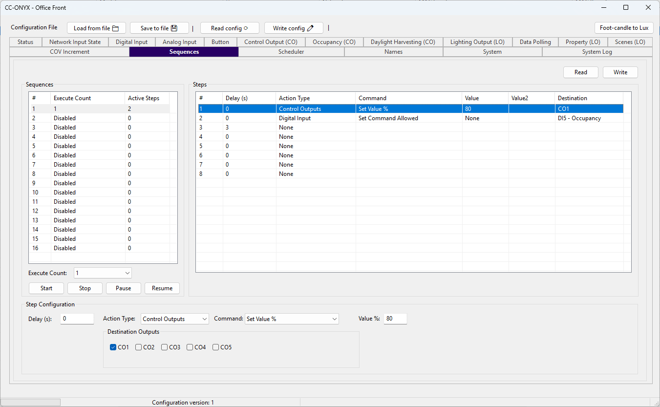 Onglet Séquences CC-ONYX du BACnet Browser