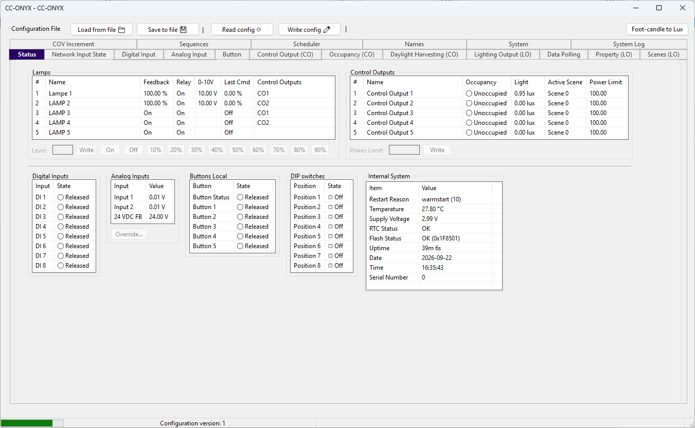 Onglet Statut CC-ONYX du BACnet Browser