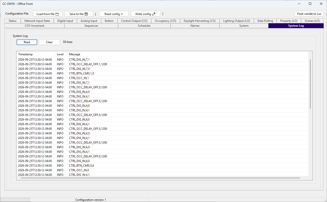 Onglet Journal système CC-ONYX du BACnet Browser
